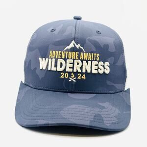 Brand New Adventure Awaits Wilderness Blue Camo Hat Trucker Adjustable Snap Back